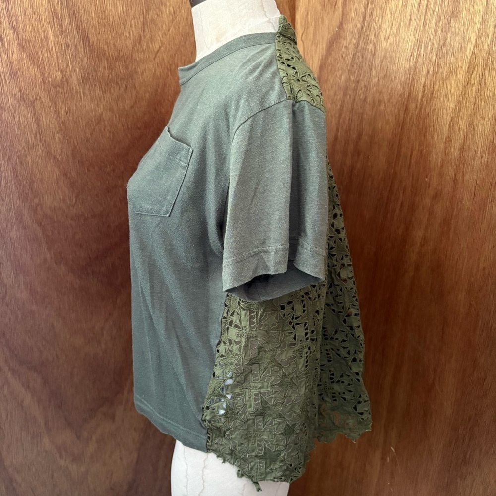 SACAI sz 1 S Dark Olive Green Star Lace Back Pocket T Shirt Tee Short Sleeve